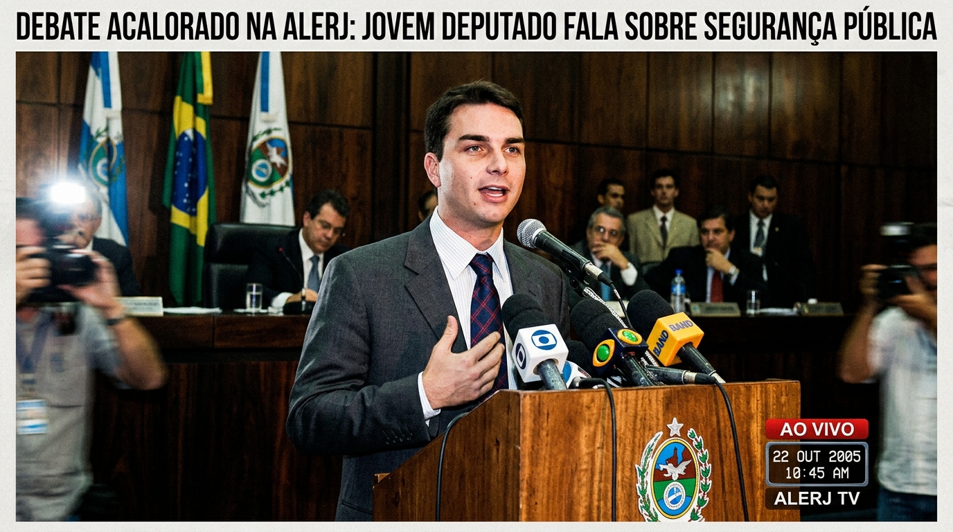 Flávio Bolsonaro discursando na tribuna da Alerj em 2005 cercado por microfones de TV