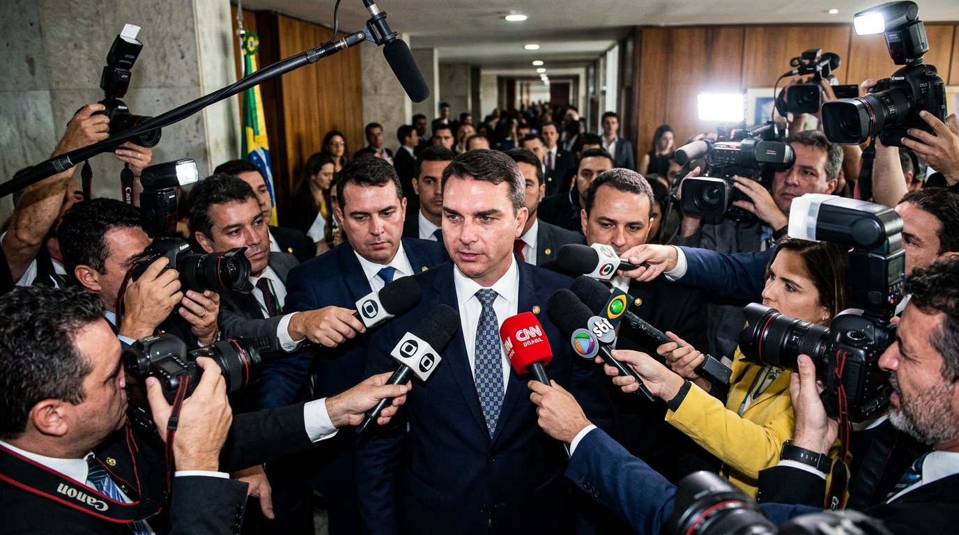 Flávio Bolsonaro cercado por repórteres e microfones da imprensa no Congresso Nacional
