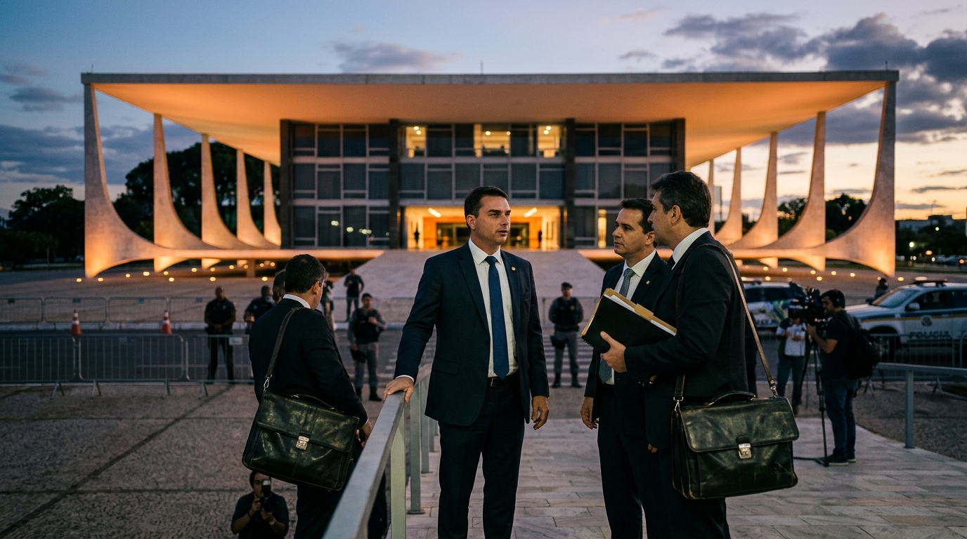 Flávio Bolsonaro em frente ao STF em Brasília com advogados e pastas forenses
